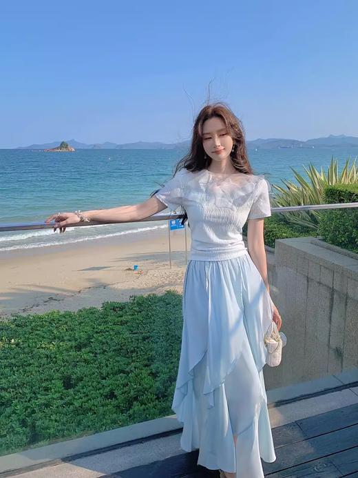 张心子【氛围感战神】仙气网纱拼接露肩上衣女夏季新款洋气小衫仙 U2405017 商品图5