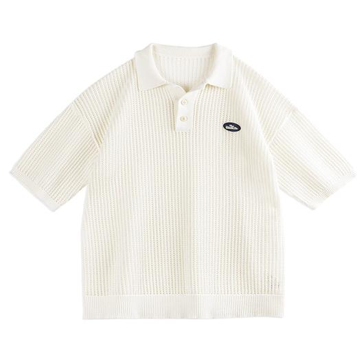 马登工装美式复古针织镂空短袖polo衫IVY半开襟翻领白色T恤男夏季 商品图6