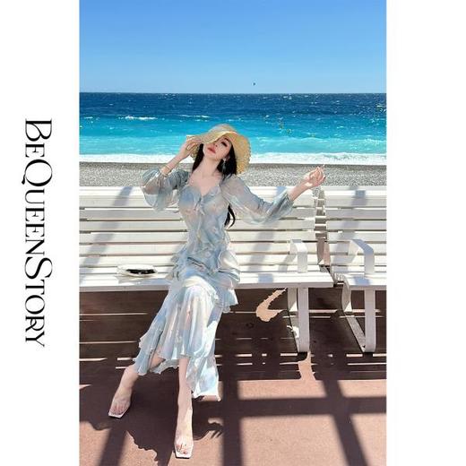 【孤品样衣，不退不换】【莫兰迪花园】度假风轻盈透薄裙摆鱼尾裙连衣裙 商品图0