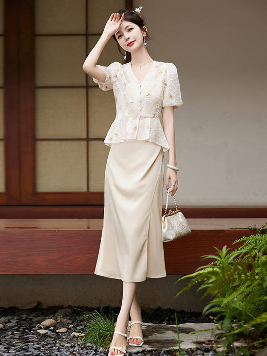 气质时尚套装新中式长款吊带连衣裙减龄可爱泡泡袖HR-WY89799 商品图4