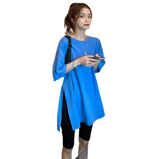 中长款开叉体恤【圆领中长款宽松T恤女潮棉】休闲风新款纯色夏季上衣服 商品图4