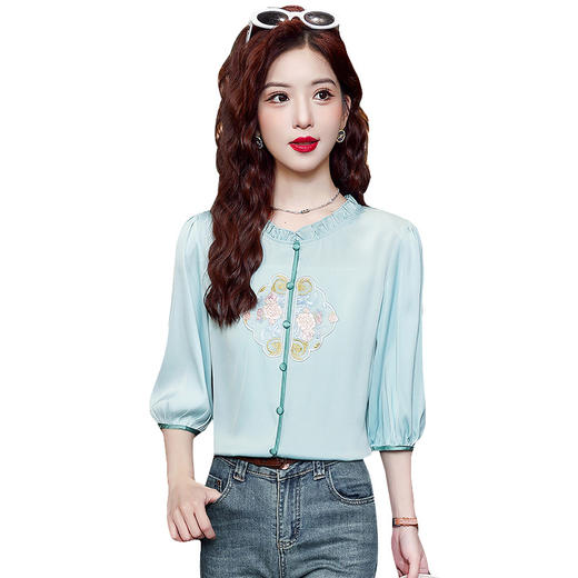 新中式国风刺绣雪纺甜美上衣K-E324N1043 商品图4