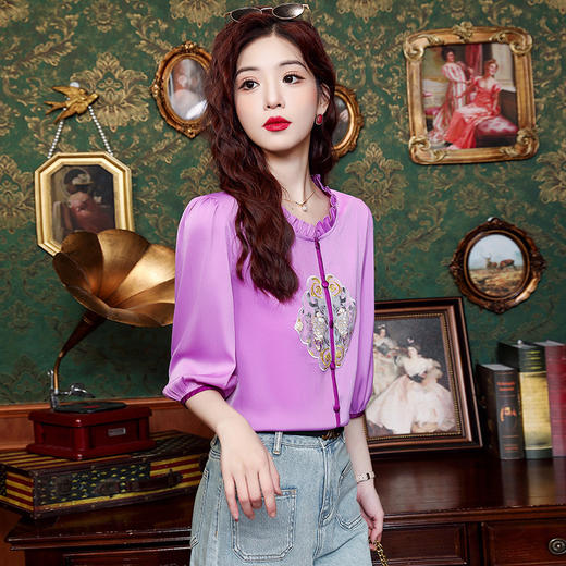 新中式国风刺绣雪纺甜美上衣K-E324N1043 商品图6