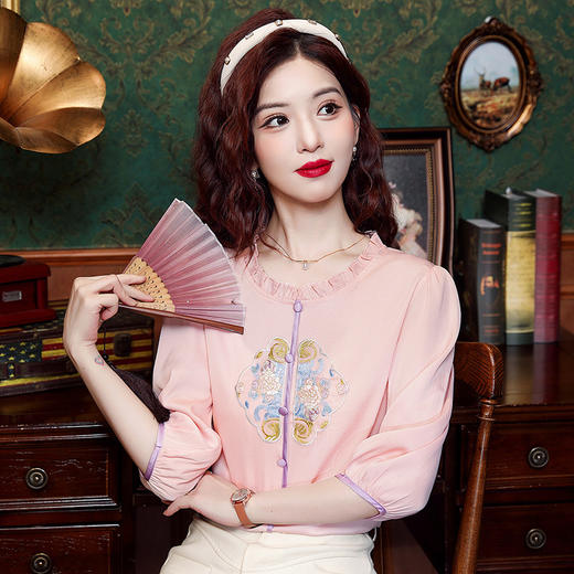 新中式国风刺绣雪纺甜美上衣K-E324N1043 商品图1