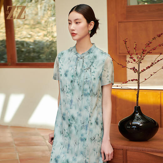 佐尔美气质新中式碎花100%桑蚕丝连衣裙女M42LS28 商品图1