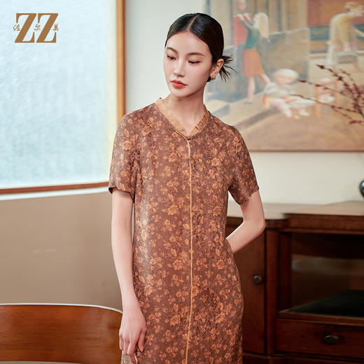 佐尔美气质国风碎花新中式100%桑蚕丝连衣裙女M42LS32 商品图3