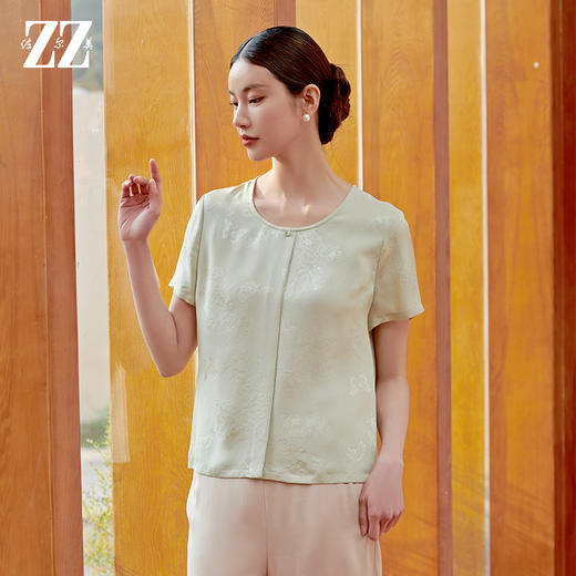 佐尔美 气质简约新中式桑蚕丝短袖衬衣女M42CS37 商品图2
