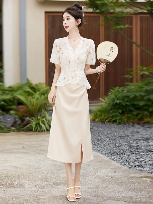 气质时尚套装新中式长款吊带连衣裙减龄可爱泡泡袖HR-WY89799 商品图0