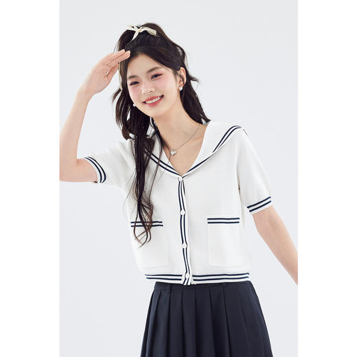 【严选】诗凡黎学院风白色海军领针织开衫2024年夏新款蓝色翻领上衣女7F5430021 商品图4