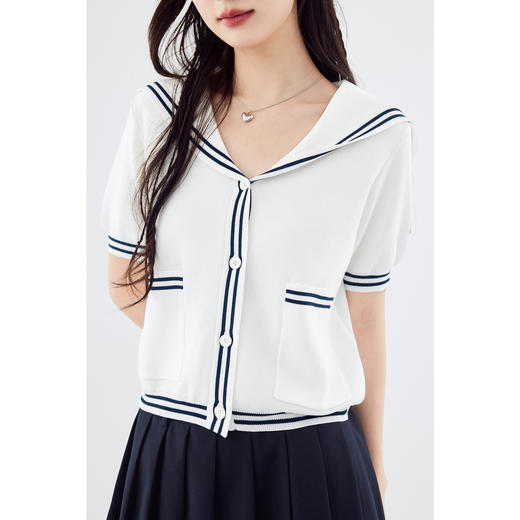 【严选】诗凡黎学院风白色海军领针织开衫2024年夏新款蓝色翻领上衣女7F5430021 商品图3