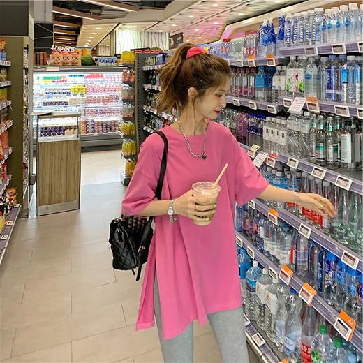 中长款开叉体恤【圆领中长款宽松T恤女潮棉】休闲风新款纯色夏季上衣服 商品图1