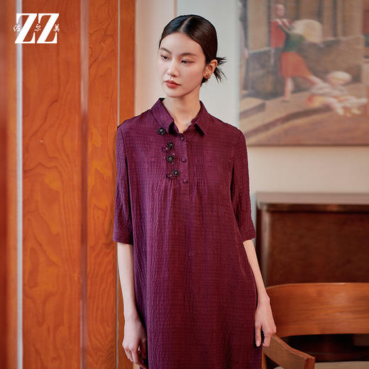 佐尔美气质新中式国风100%桑蚕丝莨绸连衣裙女M42LS13 商品图3