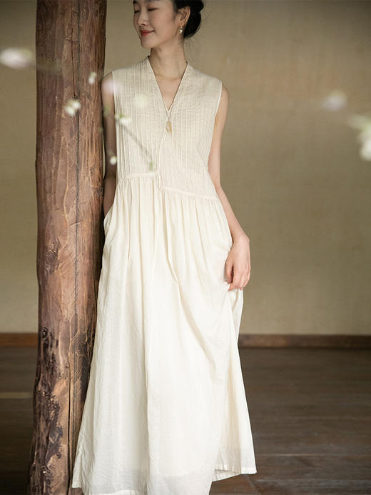 牧衣游原创 精棉打条连衣裙女夏季新款纯棉清凉禅意无袖长裙 星辞 商品图0