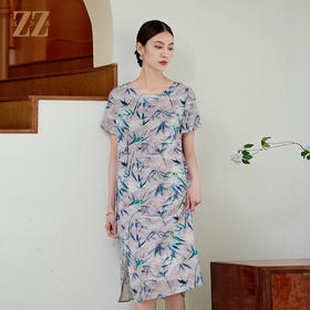 佐尔美气质竹叶图案100%桑蚕丝连衣裙女M42LS36