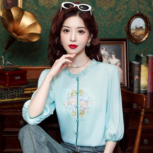 新中式国风刺绣雪纺甜美上衣K-E324N1043 商品图0