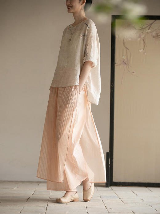 牧衣游原创 丝棉净色裙裤新款禅意轻薄百搭休闲直筒裙裤子 垂杨 商品图0