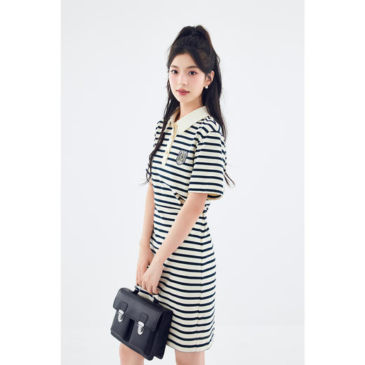 【严选】诗凡黎学院风polo领条纹连衣裙2024夏新款收腰显瘦减龄撞色裙子女SF5291651 商品图2