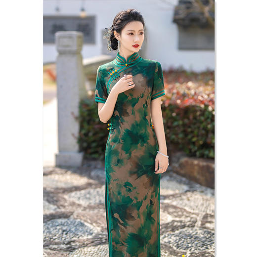 SYK老上海复古国风传统中式长款宽边旗袍2024夏新款仿香云纱提花旗袍 商品图3