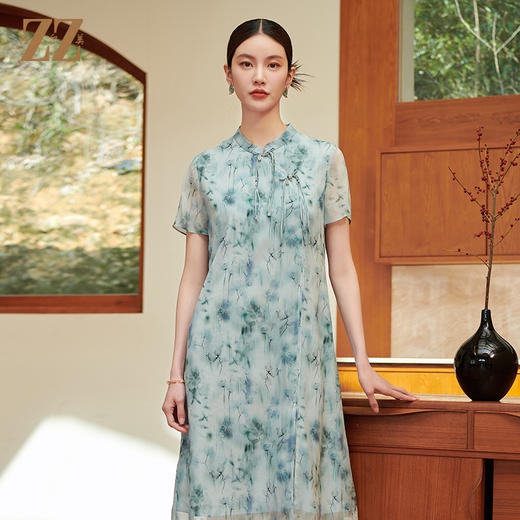 佐尔美气质新中式碎花100%桑蚕丝连衣裙女M42LS28 商品图2