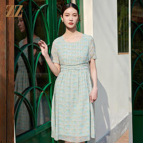 佐尔美气质碎花高腰100%桑蚕丝连衣裙女M42LS51