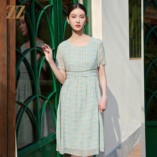 佐尔美气质碎花高腰100%桑蚕丝连衣裙女M42LS51 商品图0