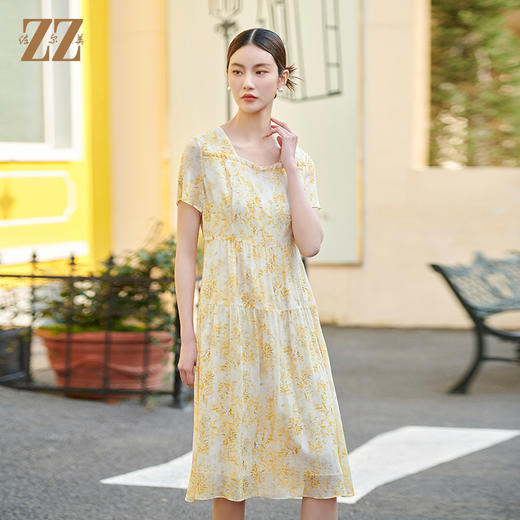 佐尔美气质碎花100%桑蚕丝连衣裙女M42LS38 商品图1