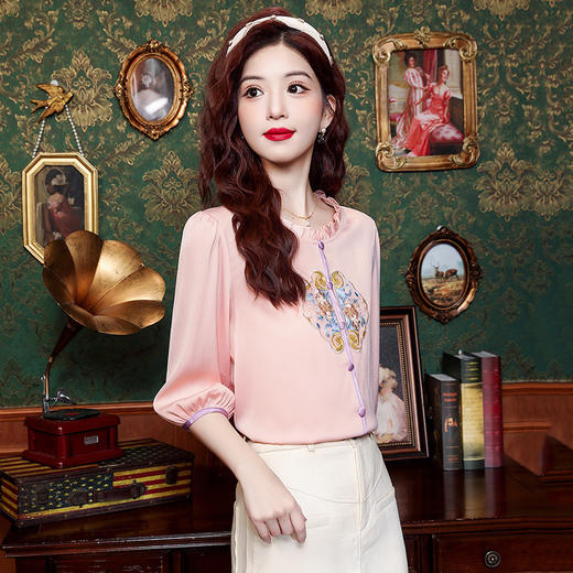 新中式国风刺绣雪纺甜美上衣K-E324N1043 商品图7