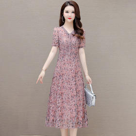 短袖镶钻中长裙，时尚气质印花连衣裙QYM-LRX-MY2461-Y