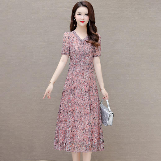 短袖镶钻中长裙，时尚气质印花连衣裙QYM-LRX-MY2461-Y 商品图0