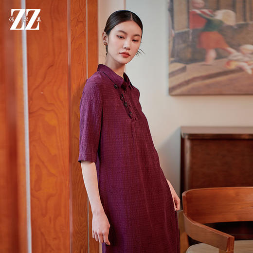 佐尔美气质新中式国风100%桑蚕丝莨绸连衣裙女M42LS13 商品图2