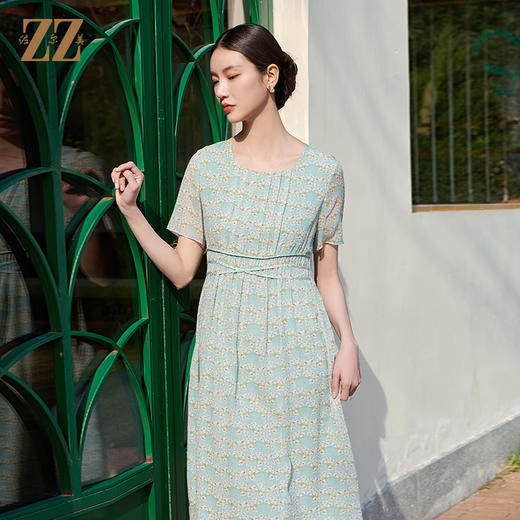 佐尔美气质碎花高腰100%桑蚕丝连衣裙女M42LS51 商品图3
