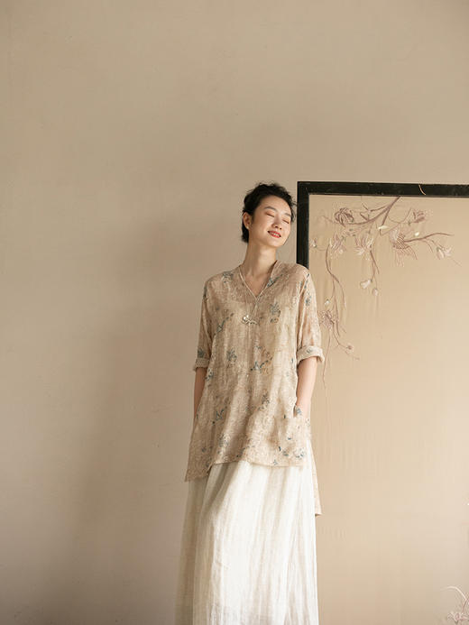 牧衣游原创 匹绣萱草花棉麻长衬衫炒色禅意文艺轻薄宽松上衣 木槿 商品图2