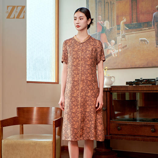 佐尔美气质国风碎花新中式100%桑蚕丝连衣裙女M42LS32 商品图2