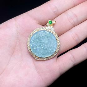 S925翡翠吊坠-豪镶蓝水山水圆牌