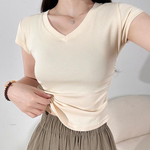 【YW】无忧购美式辣妹修身显瘦内搭正肩T两侧松紧短袖圆领/V领上衣T026（截单后3-5天发货) 商品图1