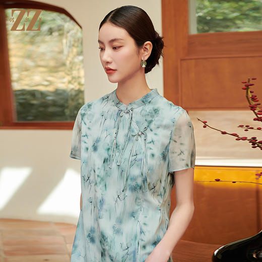 佐尔美气质新中式碎花100%桑蚕丝连衣裙女M42LS28 商品图3