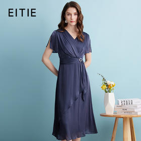 EITIE爱特爱夏季新款气质收胸褶皱收腰V领修身显瘦连衣裙女礼服7477105