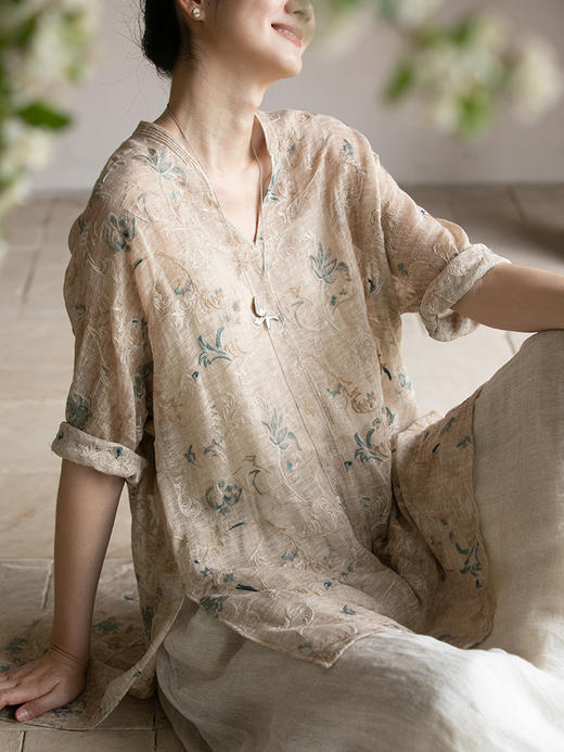 牧衣游原创 匹绣萱草花棉麻长衬衫炒色禅意文艺轻薄宽松上衣 木槿 商品图1