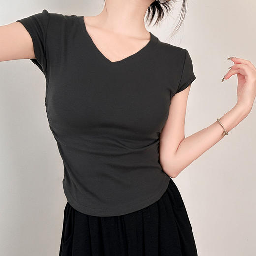 【YW】无忧购美式辣妹修身显瘦内搭正肩T两侧松紧短袖圆领/V领上衣T026（截单后3-5天发货) 商品图3