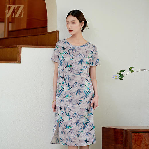 佐尔美气质竹叶图案100%桑蚕丝连衣裙女M42LS36 商品图3