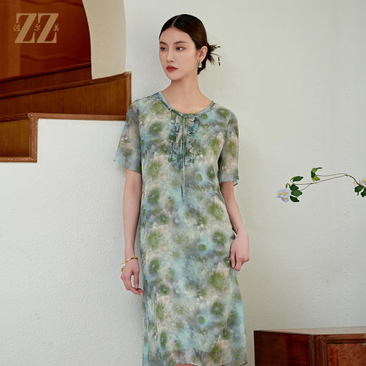 佐尔美气质碎花100%桑蚕丝连衣裙女M42LS29 商品图3