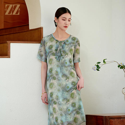 佐尔美气质碎花100%桑蚕丝连衣裙女M42LS29 商品图2