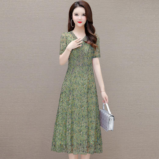 短袖镶钻中长裙，时尚气质印花连衣裙QYM-LRX-MY2461-Y 商品图1