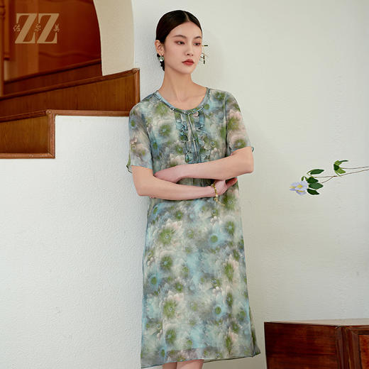 佐尔美气质碎花100%桑蚕丝连衣裙女M42LS29 商品图1