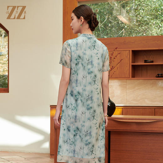 佐尔美气质新中式碎花100%桑蚕丝连衣裙女M42LS28 商品图4
