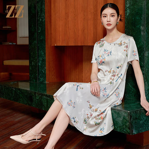 佐尔美气质碎花100%桑蚕丝连衣裙女M42LS35 商品图3