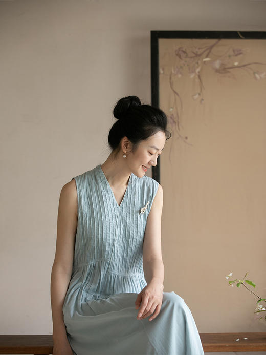 牧衣游原创 精棉打条连衣裙女夏季新款纯棉清凉禅意无袖长裙 星辞 商品图3