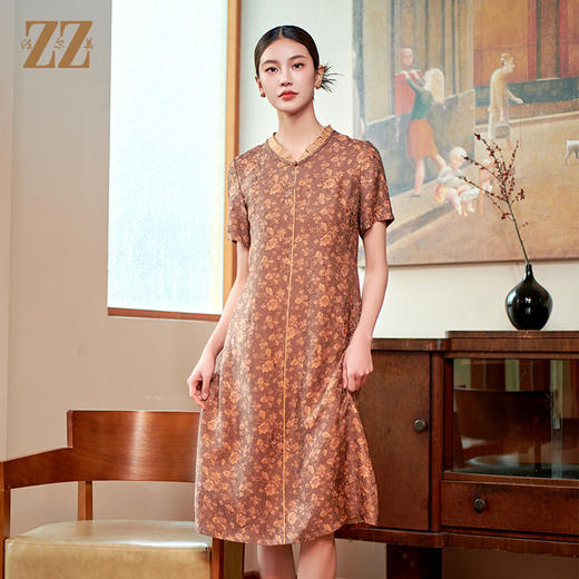 佐尔美气质国风碎花新中式100%桑蚕丝连衣裙女M42LS32 商品图0
