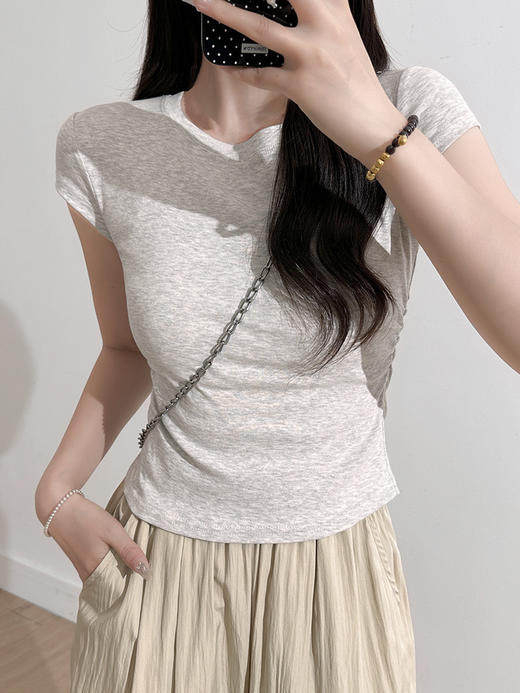 【YW】无忧购美式辣妹修身显瘦内搭正肩T两侧松紧短袖圆领/V领上衣T026（截单后3-5天发货) 商品图9