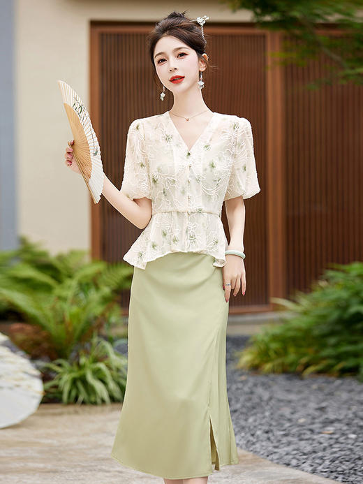 气质时尚套装新中式长款吊带连衣裙减龄可爱泡泡袖HR-WY89799 商品图2